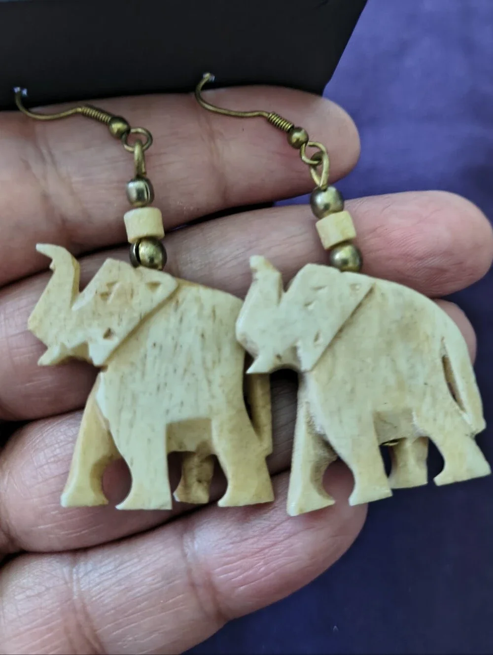 Beautiful Hand Carved Bone Elephant Dangle Earrings. Estate Find. So Nice!